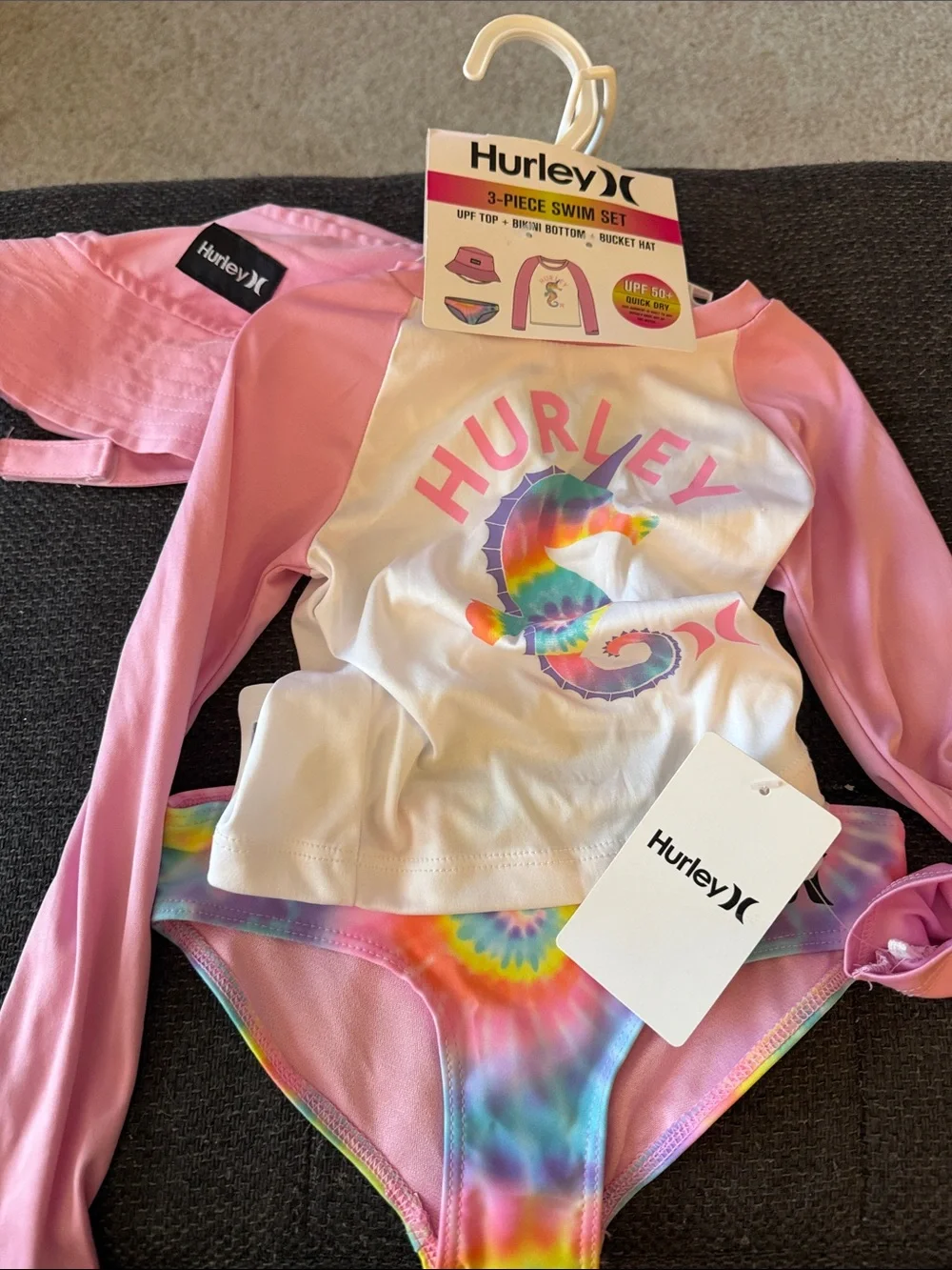 Hurley Girls Pink & Tie-Dye Seahorse Long Sleeve One-Piece Swim Set